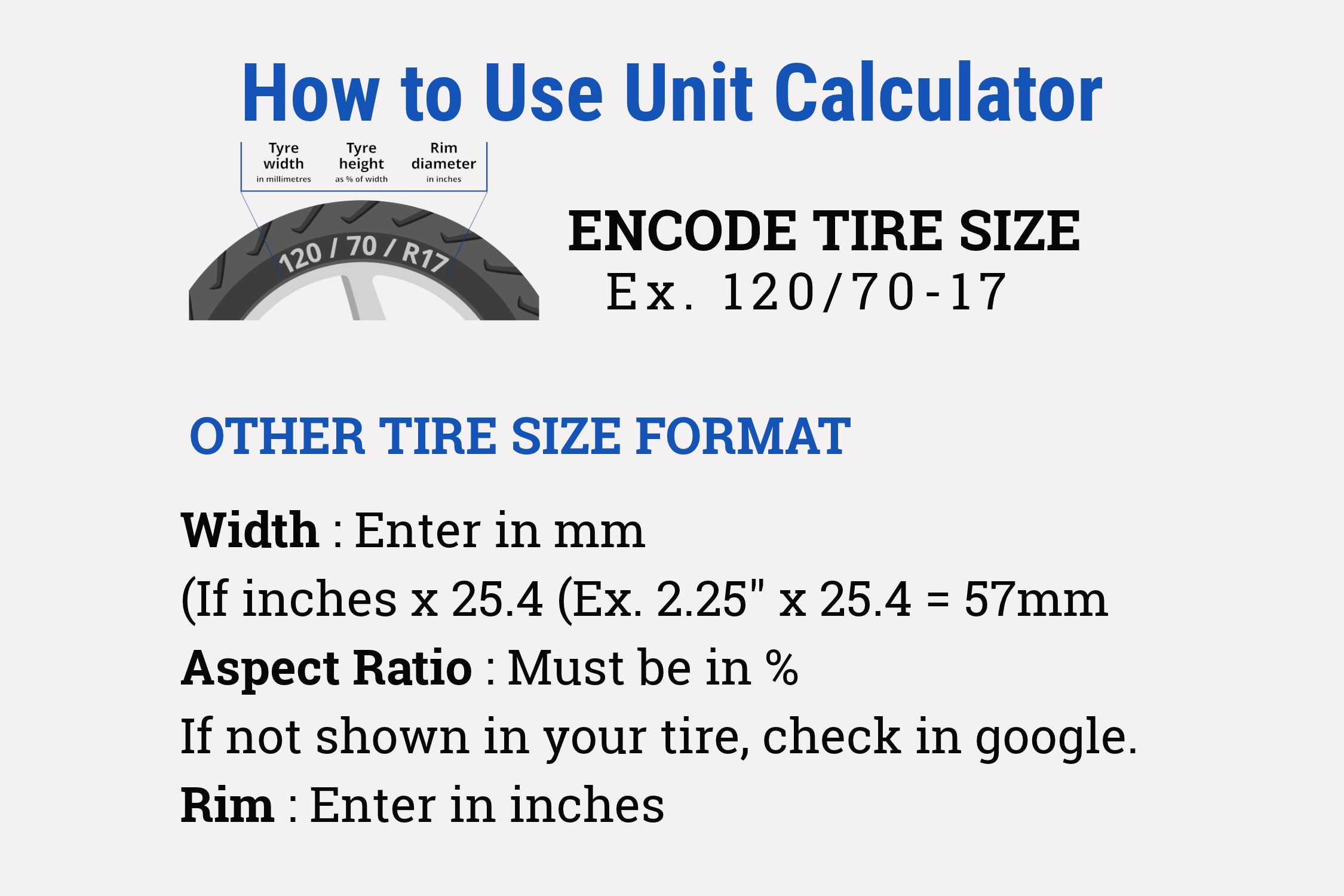 Motorcycle & scooter supplied calculator guide explaining width, aspect ratio and rim measurements